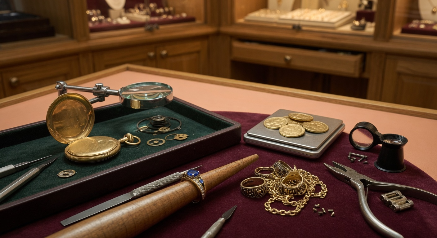 A diamond and gold coin laid on velvet, ready to be appraised