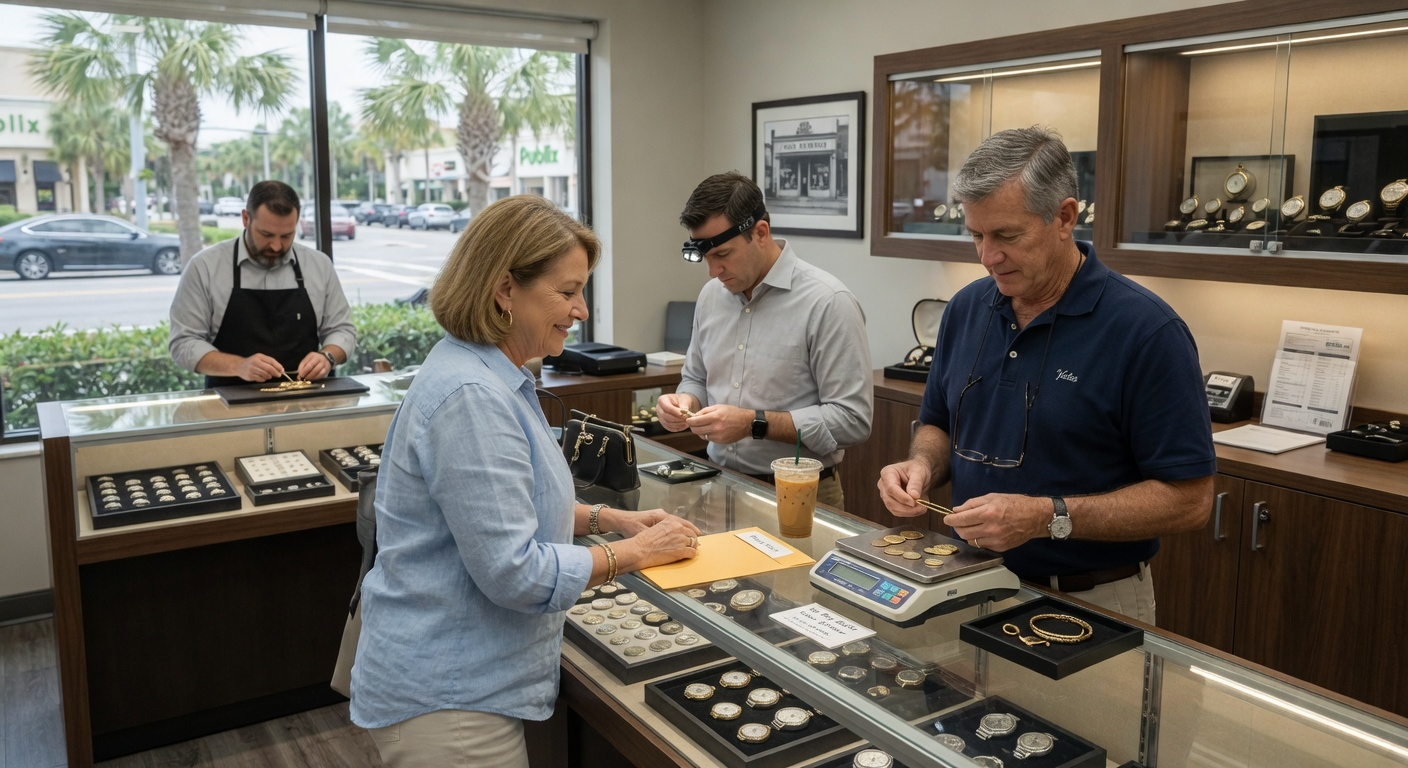 A customer trying on an estate ring at our South Tampa counter